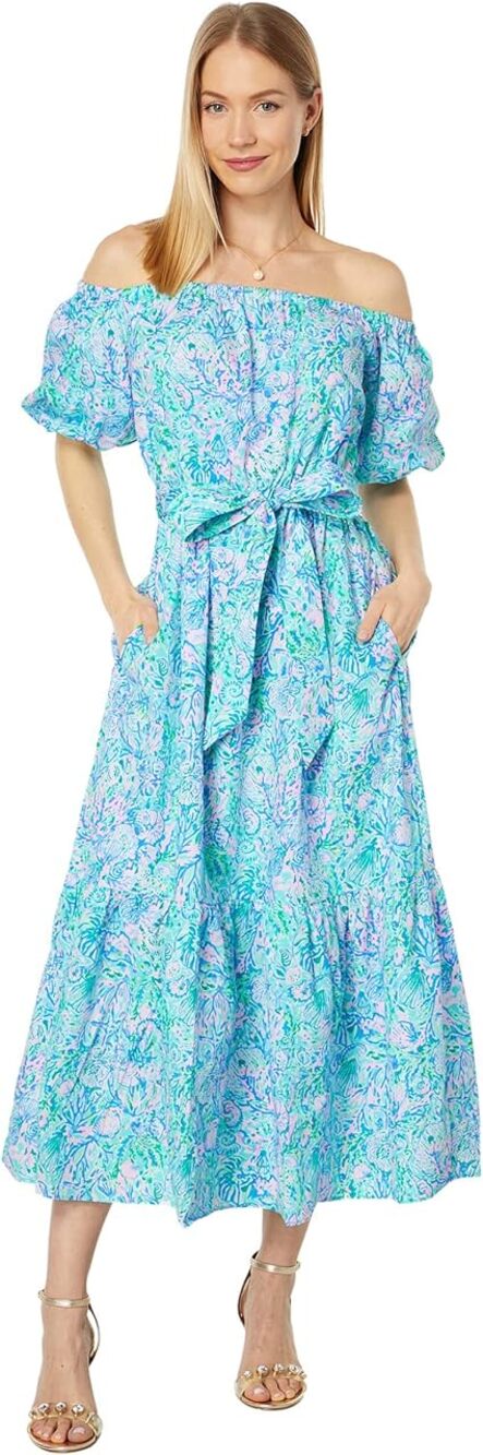 New Lilly Pulitzer Tamie Off-The-Shoulder Dress Blue Tiered Puff Sleeve Sz S